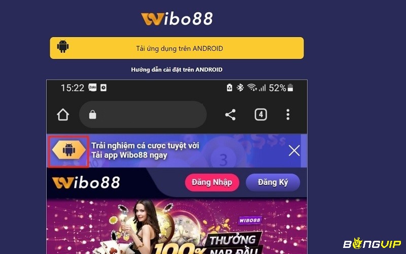 Chọn tải app Wibo88 Android ngay trên giao diện trang chủ